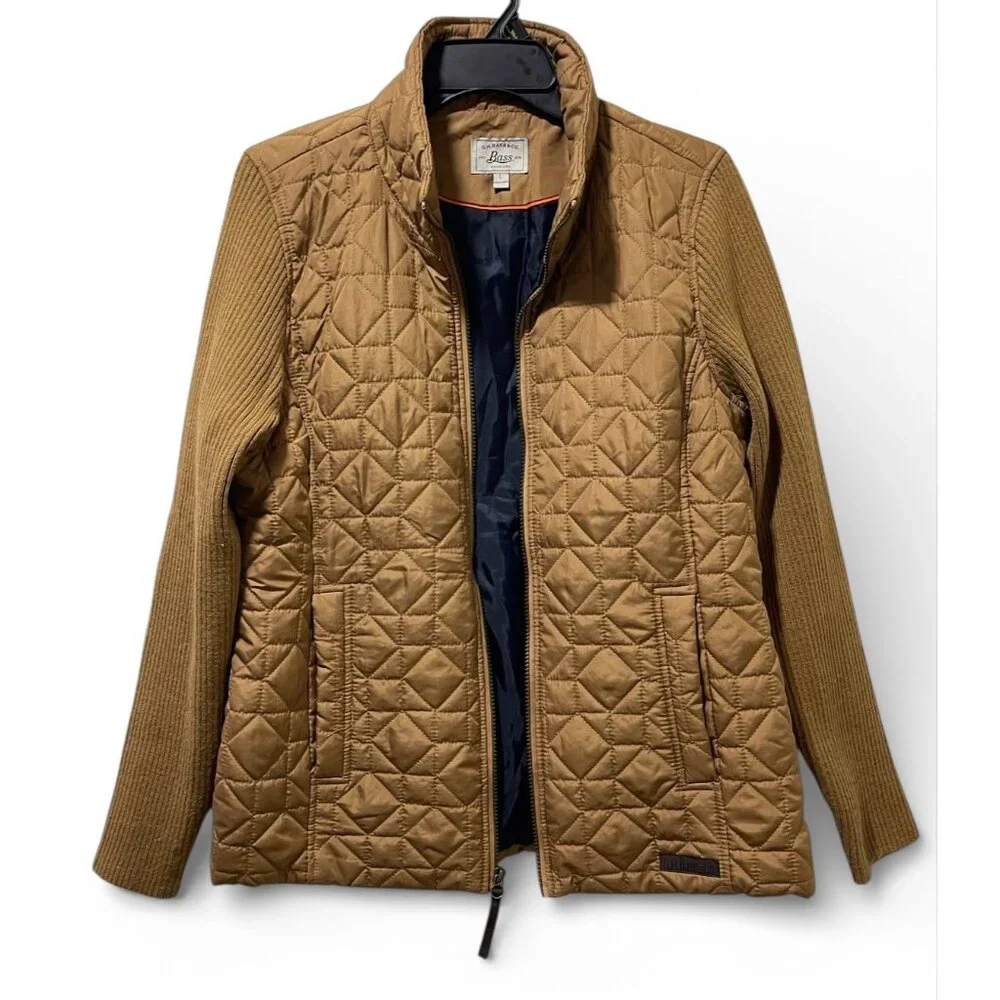 G.H. Bass & Co. Women’s Quilted Jacket Size L Brown Ribbed Sleeves Zip Up - Picture 2 of 16